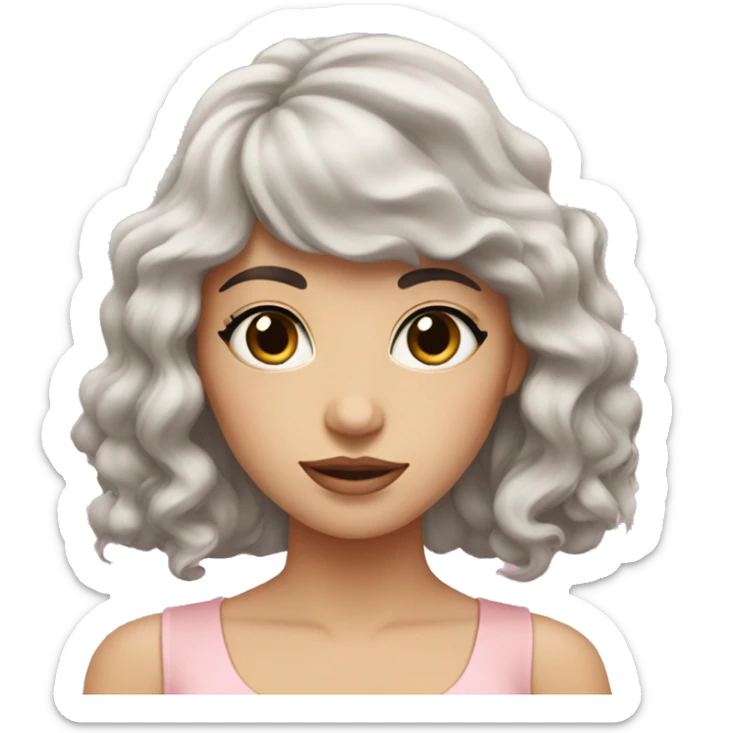 White woman with long black curly hair and bangs and dark brown eyes, wearing a pastel pink dress sticker
