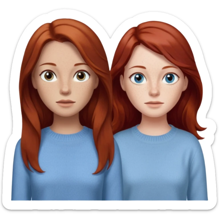 woman with long dark auburn red hair that is mostly straight but has slight waves to it. grey blue eyes. some freckles. wearing a Swedish style sweater that is neutral. the image on the right is closer sticker