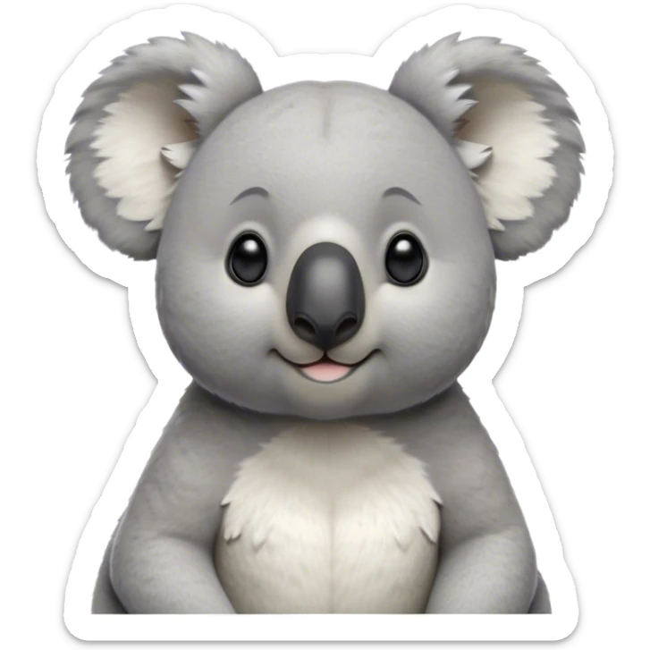 Cinematic Noble Koala Portrait Emoji, Poised and regal, with a stocky, cuddly build and a plush, well-groomed grey fur, large round ears and a distinctive big black nose, deep-set soulful dark eyes, Simplified yet sharp and sophisticated features, highly detailed, glowing with a soft, dignified glow, high shine, intelligent and gentle, stylized with an air of eucalyptus elegance, focused and attentive, soft glowing outline, capturing the essence of a watchful and confident marsupial, so majestic it feels as though it could climb out of the screen with effortless authority! sticker