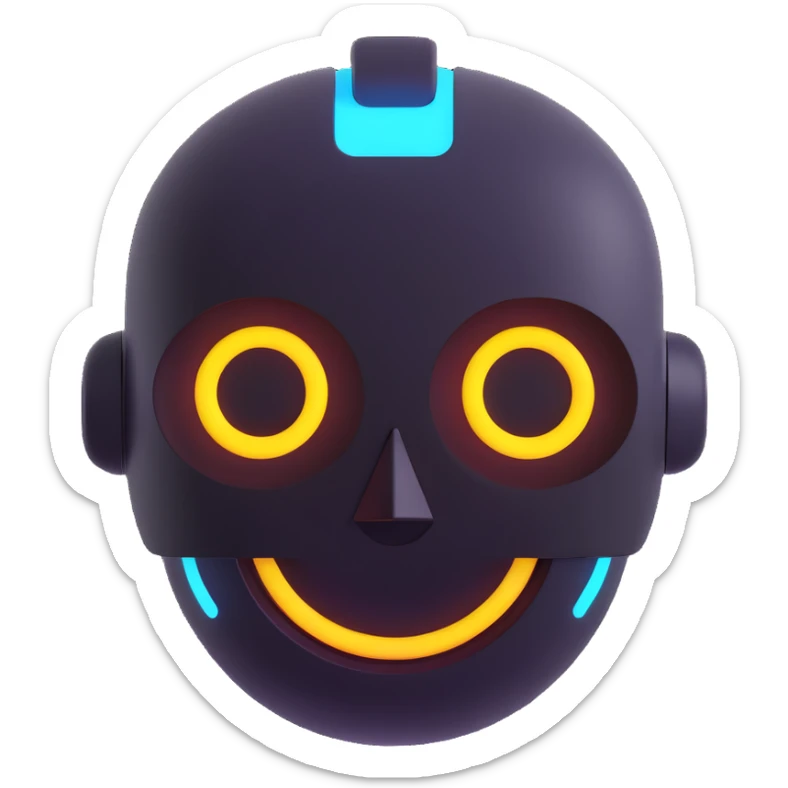 futuristic and trendy AI chatbot emoji, minimalistic robot head, neon accents, smiling expression sticker