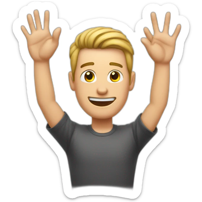 white man with hands crossed in front of chest. Hands in the air and 2 fingers on each hand sticking out sticker