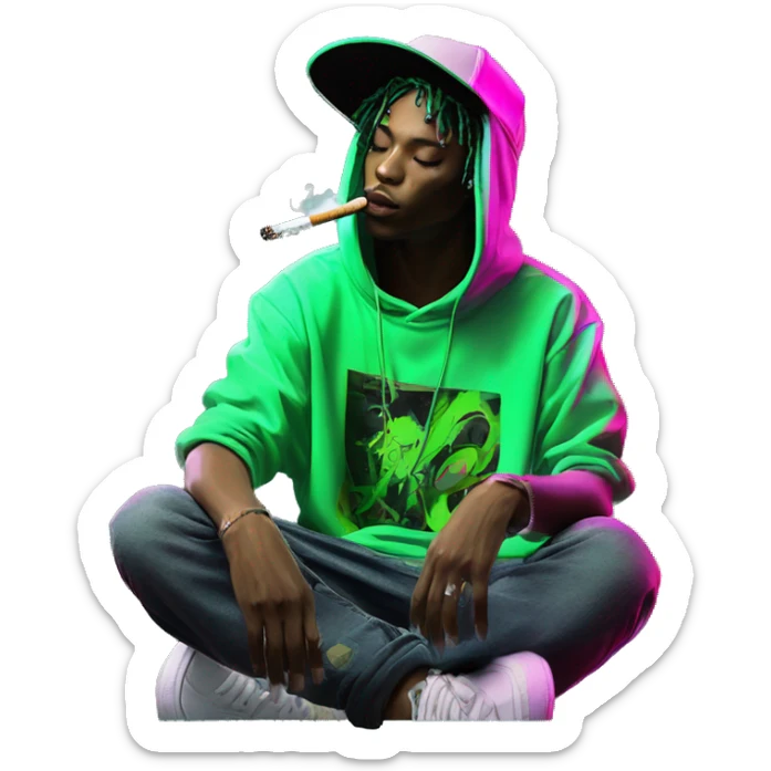 Multicoloured neon black and green graffiti person smoking wearing hoodie dancing hip hop bucket hat tropical Skater fashion aesthetic baggy clothes graphic t shirt 420 sticker