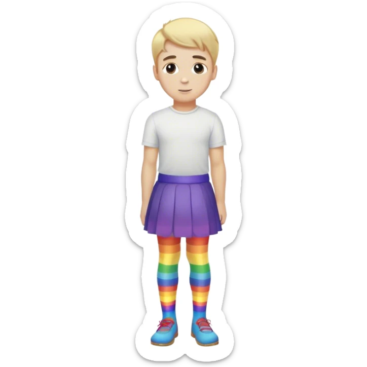 White boy with blonde hair wearing a skirt with rainbow tight  sticker