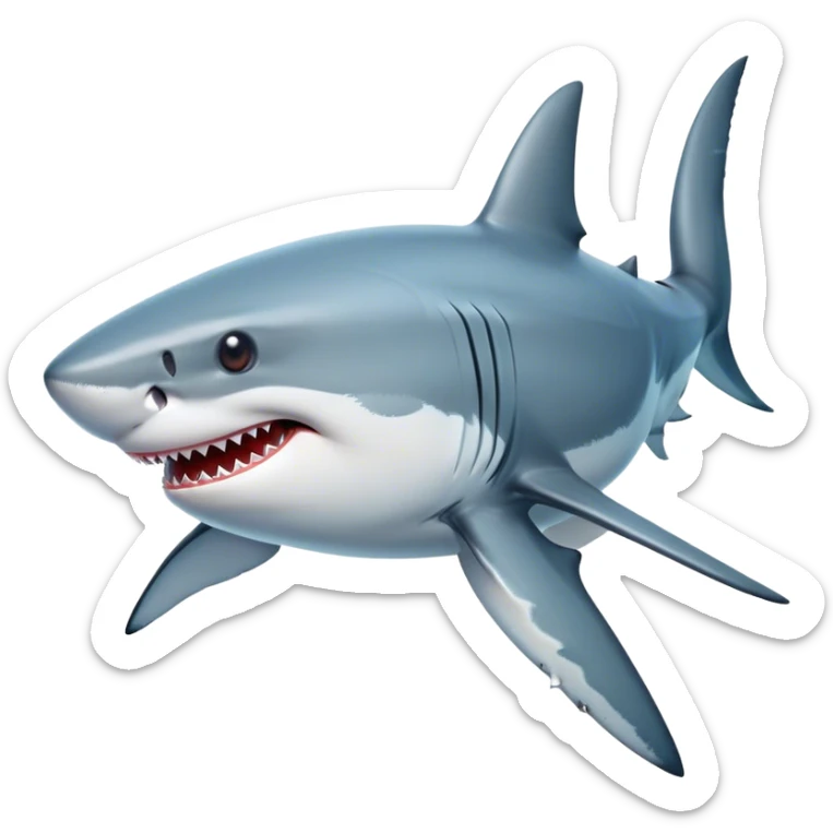 Beautiful and Majestic Great White Shark Portrait Emoji, Head and body resting peacefully with a serene, confident expression, showcasing its robust, torpedo-shaped form and a subtle, regal glint in its eyes, Simplified yet exquisitely endearing features, highly detailed, glowing with a soft, drowsy ocean light, high shine, relaxed and utterly majestic, stylized with an air of marine splendor, soft glowing outline, capturing the essence of a beautiful and majestic great white shark that feels destined to become the next viral icon of awe-inspiring ocean beauty! sticker