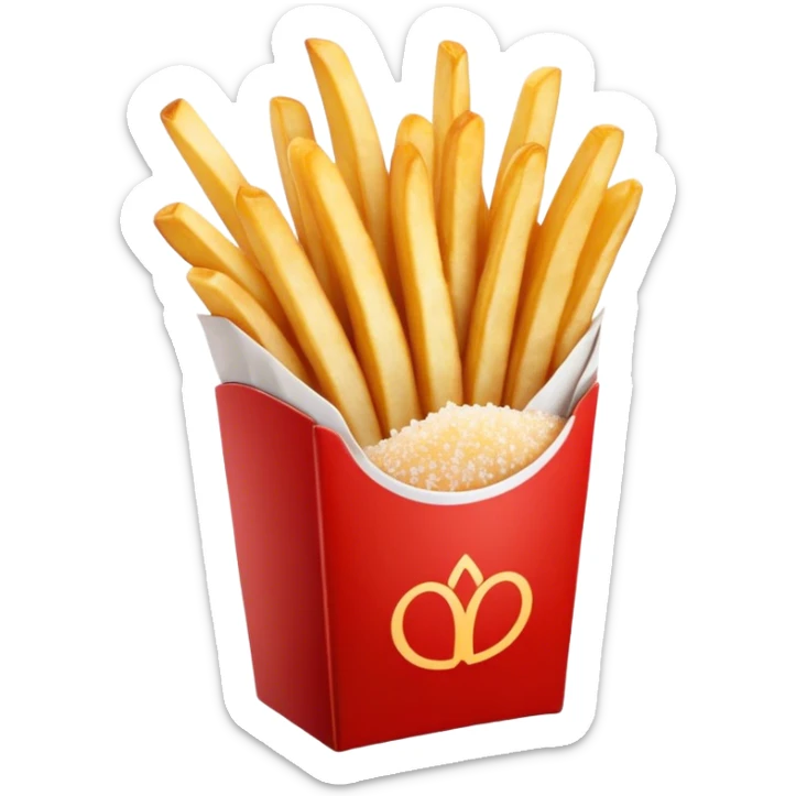 Cinematic crispy golden French fries, piled high, sprinkled with salt, served in a red carton, warm and inviting, rich golden hues, perfectly crunchy and delicious. sticker
