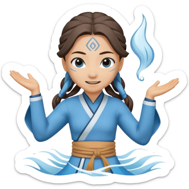 Katara from Avatar: The Last Airbender as an emoji, cheerful, blue and white Water Tribe attire, waterbending gesture sticker