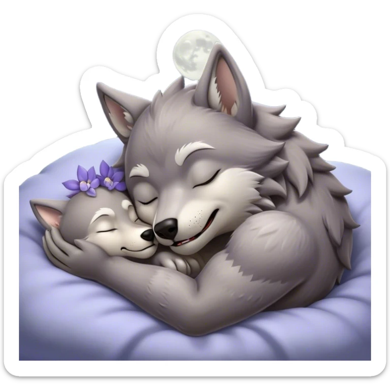 Meme-Worthy Cute Sleeping Werewolf Portrait Emoji, with a cuddly, miniature lupine form in soft moonlit grays and silvers, head resting peacefully with gently closed dreamy eyes and a small, content smile, simplified yet irresistibly endearing, highly detailed with a soft glowing outline that captures the cozy, sleepy essence of a werewolf after frolicking under the full moon! sticker
