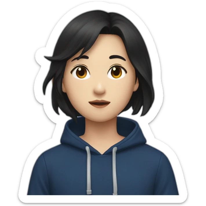 Asian boy with black hair and dark blue hoodie kissing girl with brown hair and black blouse sticker
