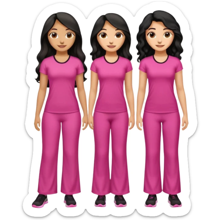 3 olive skin tone best friends. First one wearing pink gym attire modest with long black hair wavy. Second one wearing a pink fitted long maxi dress with curves long black hair and the last one wearing pink casual clothes with brown mid length hair similing looking glammed up  sticker