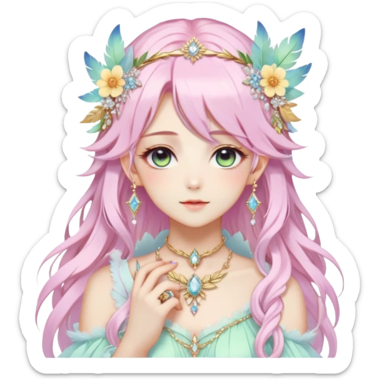 Beautiful gorgeous anime lady with beautiful pastel-special-hair, fashion aesthetic, ethereal, fairycore, pastelcore, feather, flower, crystals, accessories, gold jewelries, gold, colorful, gold laurel, gold halo, cottagecore,  sticker