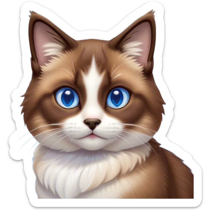 Cinematic Cute Brown Mantle Snowshoe Cat Portrait Emoji, Head tilted playfully and inquisitively, rich brown fur cascading over its back like a mantle, with soft white paws, chest, and face, striking icy-blue eyes brimming with curiosity, Simplified yet irresistibly adorable features, highly detailed, glowing with a warm, friendly glow, high shine, affectionate and lively, stylized with a touch of whimsy, bright and endearing, soft glowing outline, capturing the essence of a mischievous yet loving kitten, so playful it feels like it could pounce out of the screen and into your arms! sticker