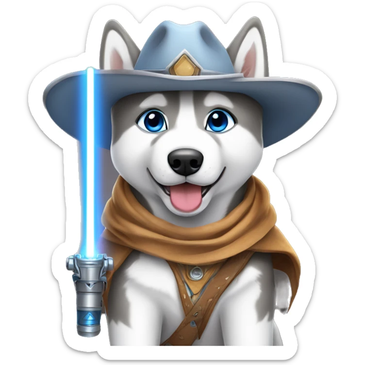 Gray Siberian Husky with blue eyes puppy wearing a cowboy hat dressed in Jedi clothing Holding a Lightsaber On leash  sticker