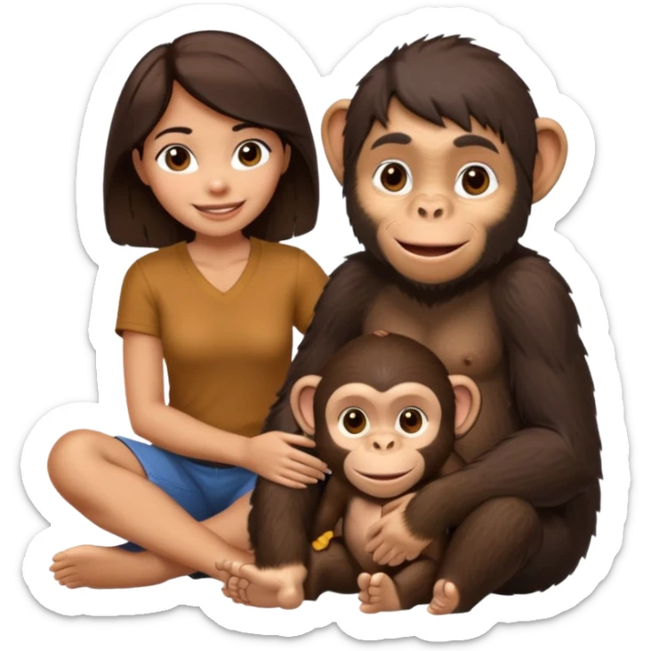 un chiomapnze sentado en el suelo al lado de una mujer sticker