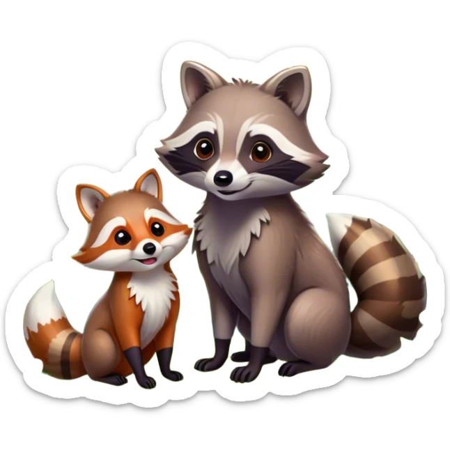 raccoon and a fox among a colorful forest with vibrant green trees, bushes and flowers. The animals are in the foreground, surrounded by a lush, bright forest, with soft sunlight filtering through the leaves. A playful photo-realistic and wild scene with a transparent background. sticker