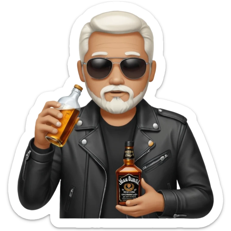 Un motero de perilla blanca tipo Quijote, gafas oscuras chupa de cuero y bebiendo de una botella de Jack Daniel's. sticker