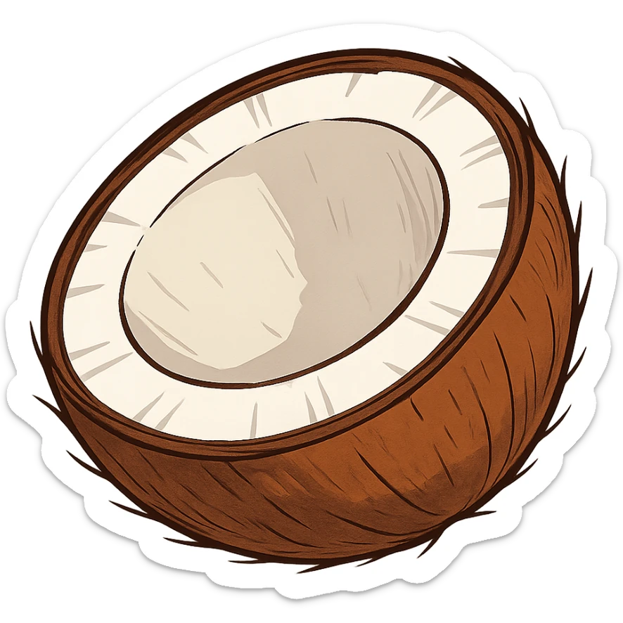 coconut cut in half, clear view of the interior, clean and colorful illustration style sticker