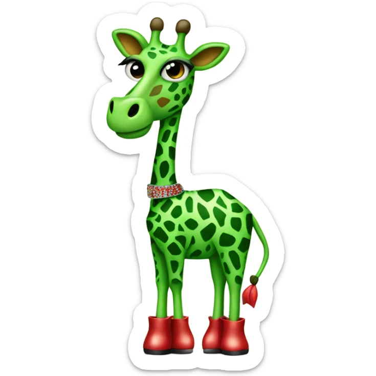 A green giraffe wearing a belt in some red sparkly heels with long eye lashes  sticker