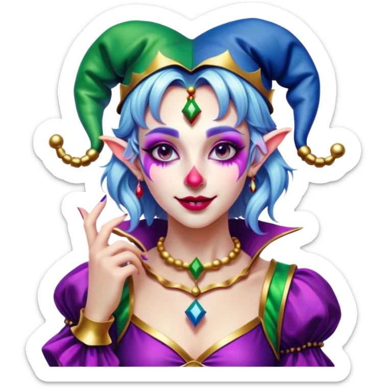 Cinematic girl in the style of a Jester, Ultra realistic 32k HD, Breathtaking piece of art, rim lighting, hauntingly beautiful art, vibrant colors, Balanced features, highly detailed digital artwork, glowing with silver light, glowing, high shine, deviant adoptable, highly detailed clothing, remembrance, a painting of white silver, fanciful, enchanting, ghostly, embodying the essence of both reality and fantasy, dreamy, dreamy glow, optical illusion, immaculate composition, complex pose, air composition. The image is so lifelike that it feels as though it could leap off the canvas at any moment sticker