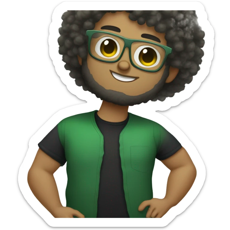 fat bearded lightskin with curly afro and glasses. give him a BLACK shirt and a little bit of freckles and give him like a green  aura sticker