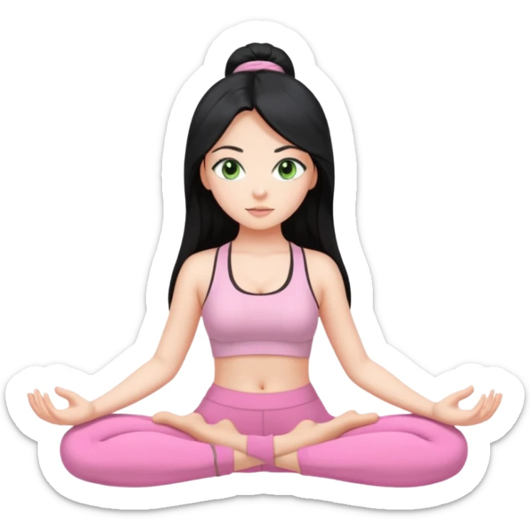 Girl with super long black hair with green eyes doing yoga with light pink clothes sticker