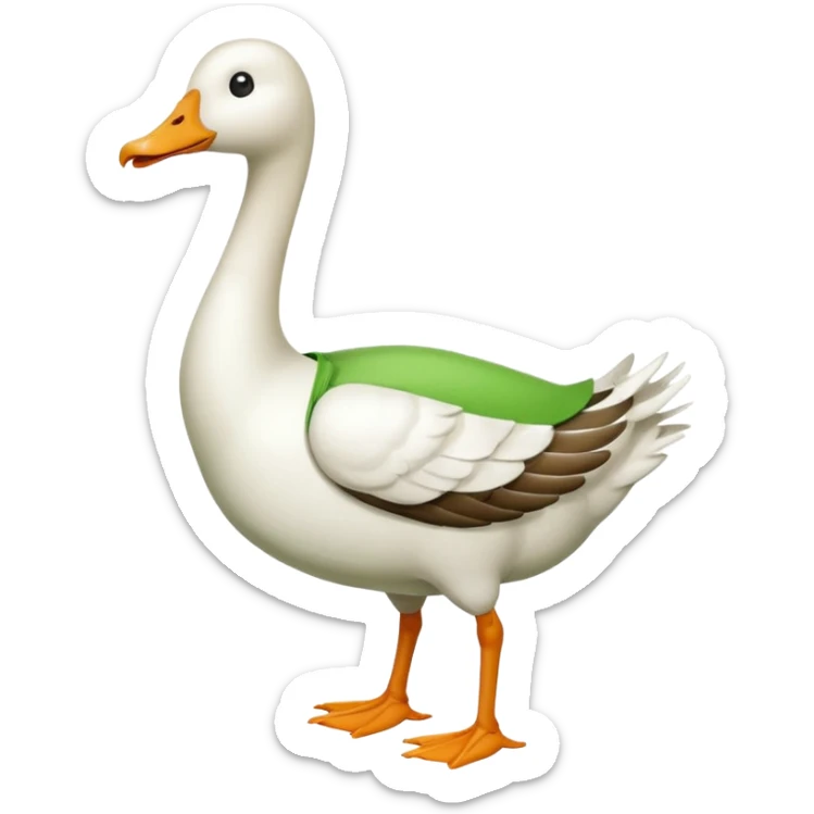 "Emoji of a white running goose with a very long neck and two legs. The goose wears bright green dungarees." sticker