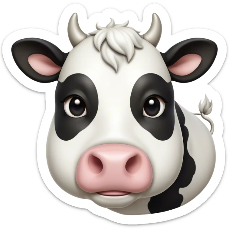 Cinematic Noble Black and White Cow Portrait Emoji, Poised and regal, with a large, sturdy build and a striking, well-groomed coat of pure black accented by crisp white patches, deep-set soulful brown eyes, Simplified yet sharp and sophisticated features, highly detailed, glowing with a soft, dignified glow, high shine, intelligent and calm, stylized with an air of modern elegance, focused and attentive, soft glowing outline, capturing the essence of a watchful and confident bovine guardian, so majestic it feels as though it could stride out of the screen with effortless authority! sticker