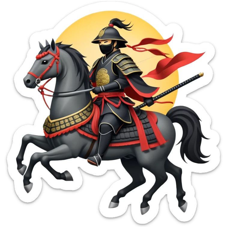 clash-of-clans-aesthetic_-cinematic-fearsome-and-majestic-samurai-bust-portrait-emoji, rendered in a flat, vector-style with minimal shading and bold, simplified shapes typical of emoji art, depicting a battle-hardened samurai with black mask and traditional black Japanese armor. The samurai is riding a noble grey warhorse adorned with an intricately designed saddle and fluttering banners and a rising sun. a samurai riding on a  horse sticker