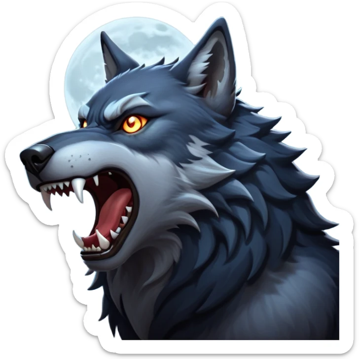 cinematic-noble-fierce-werewolf-howling-portrait-emoji, poised-and-imposing, with a fierce wolfish face tilted upwards in a haunting howl, glowing eyes full of primal ferocity, sharp, and a rugged snout, fur rippling in shades of midnight black and silver, muscles tensed as the powerful howl echoes beneath the moonlit sky; rendered with realism, capturing the raw, untamed power of the beast in its wild, primal state sticker