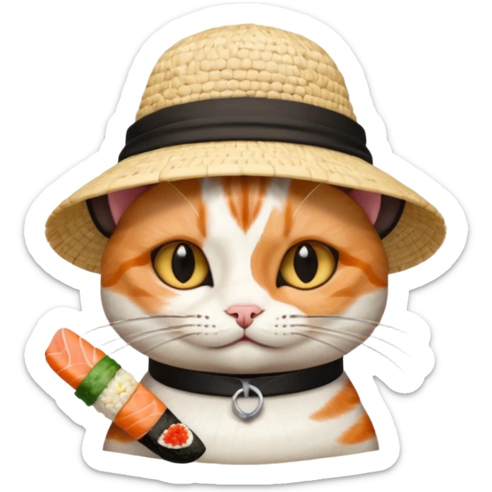 cat with its fingers crossed wearing a hat made out of sushi sticker