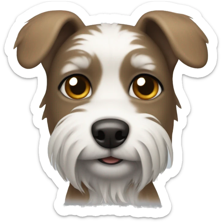 Small wire hair dog with gray brown face and ears, white mouth, and white body sticker