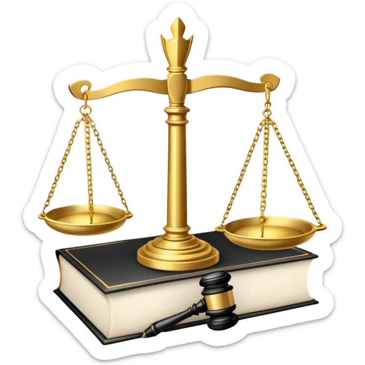 An icon featuring scales of justice, a gavel, and a legal book, symbolizing the study of law. The design includes courthouse pillars in the background, representing authority and legal systems. Transparent background highlights the principles of justice, order, and legal education. sticker