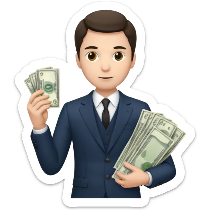 Man in suit with a slightly scammy look who has a lot of money sticker