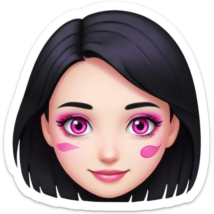 smiling girl with black hair and pink eye makeup smudged, no glitter sticker