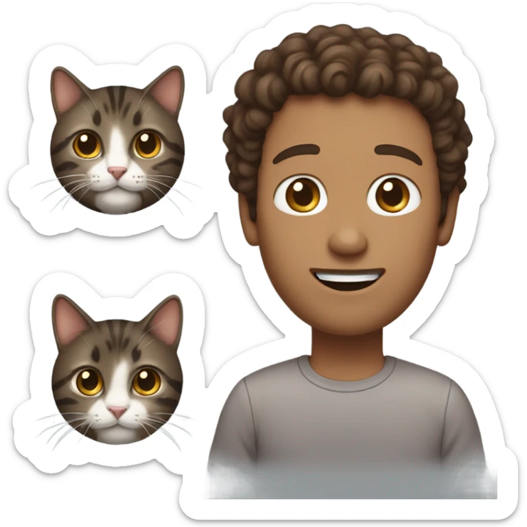 Man with brown curly hair and no facial hair holding dark brown tabby cat sticker