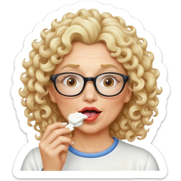 Middle aged woman with blonde curly hair with glasses licking white sour cream off her lips sticker