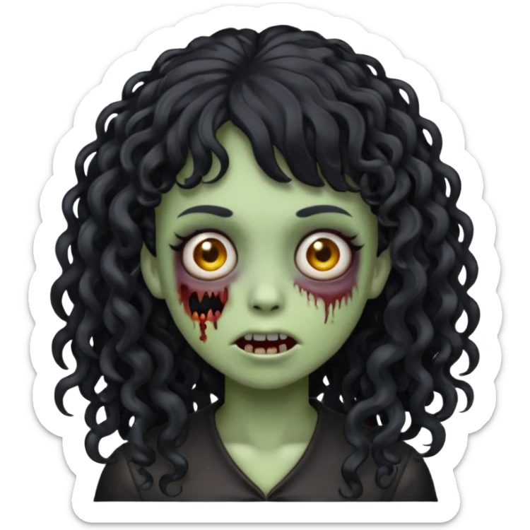 Emoji garota zombie com cabelo preto cacheado longo com franja cacheada sem volume sticker