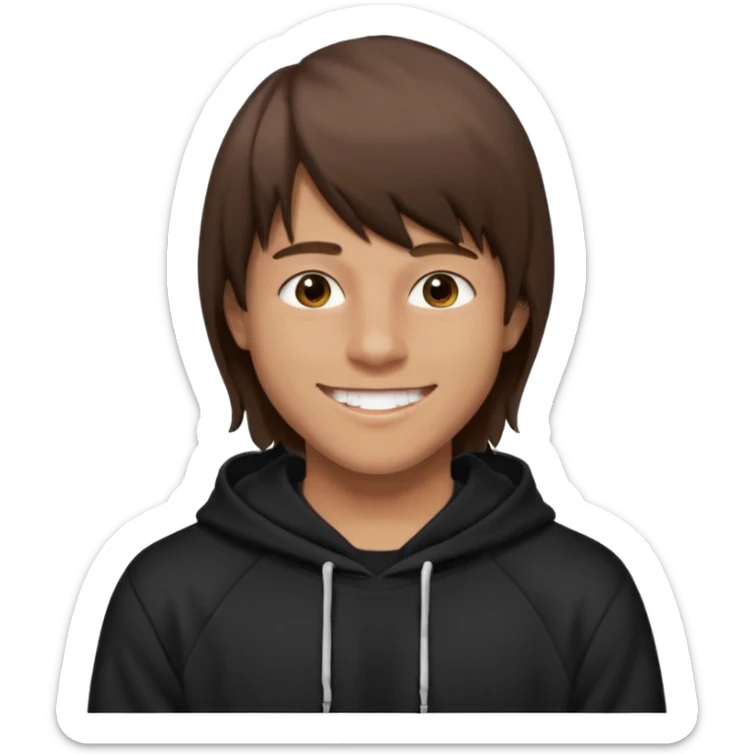 20 yr old man, brown hair, straight, big smile, white teeth, tanned skin, bangs, black hooded sweatshirt, long hair in back, center-parted bangs sticker
