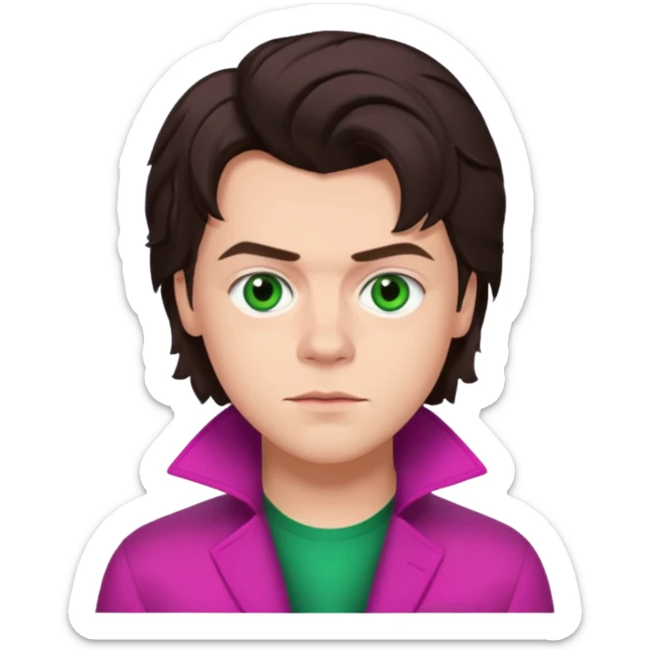 Harry Styles with green eyes, dark brown hair, magenta outfit sticker