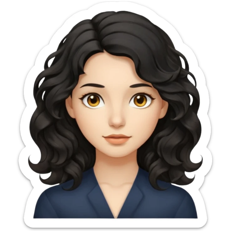 this avatar of 30th year-woman has shoulder-length black wavy hair with loose curls framing the face, and a long, pointed face with golden-brown eyes and a calm, neutral expression. sticker