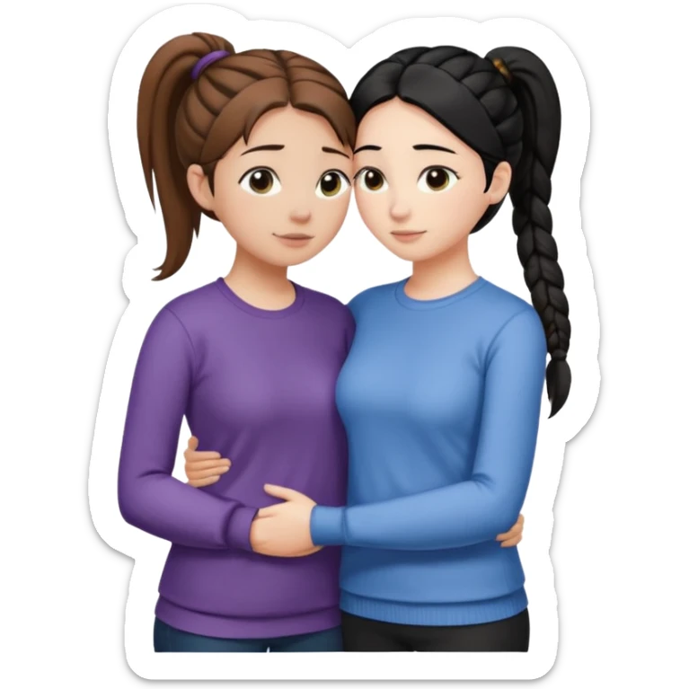 Comforting Hug two white skin women, one shorter woman with brown hair in simple top ponytail, not braided, and one taller woman with black hair in long side braid sticker