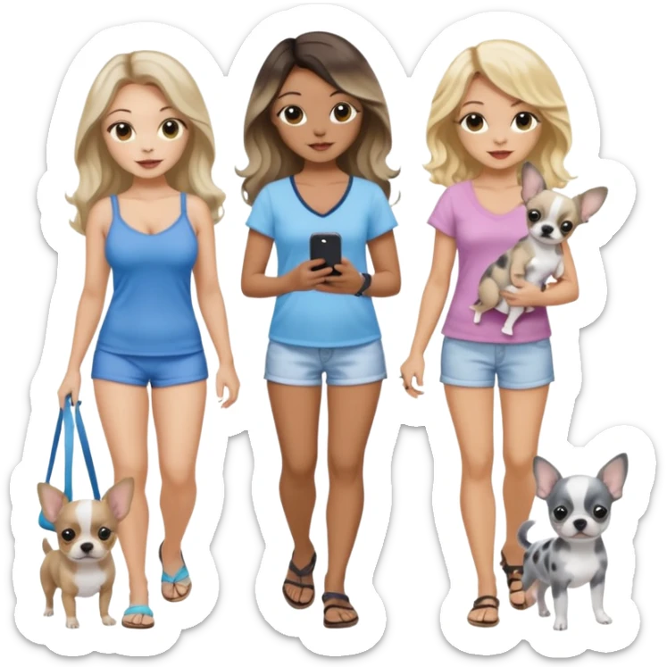 Three pretty women in beach clothes walking 2 dogs, blue and gray spotted Merle Frenchie and walking a black and tan chihuahua puppy, holding iPhone, hazel eyed light skin with dark blonde long hair and light skin hazel eyed long wavy dark hair, blue eyed light skin long blonde hair  sticker