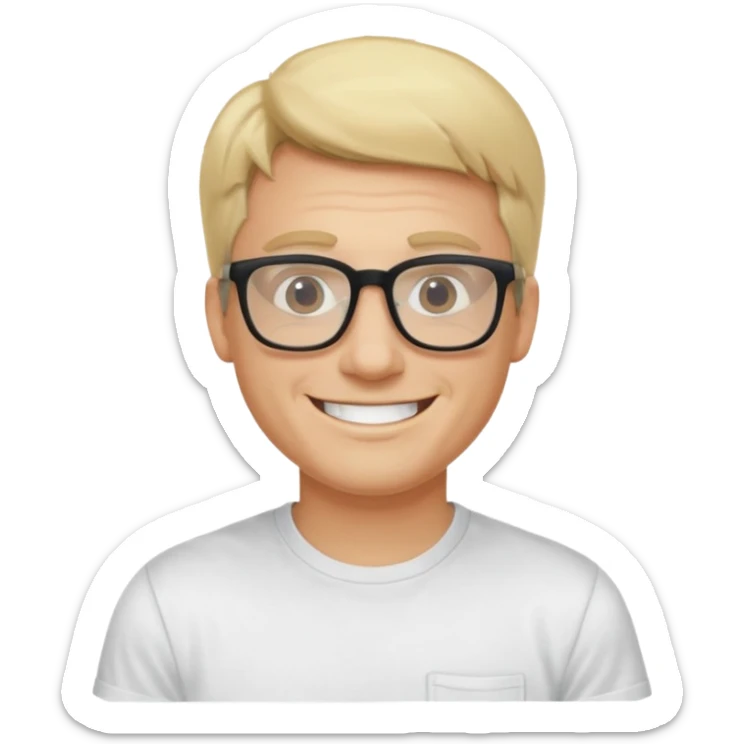 portrait of adult man, wearing a t-shirt, square glasses, grinning face, blond hair sticker