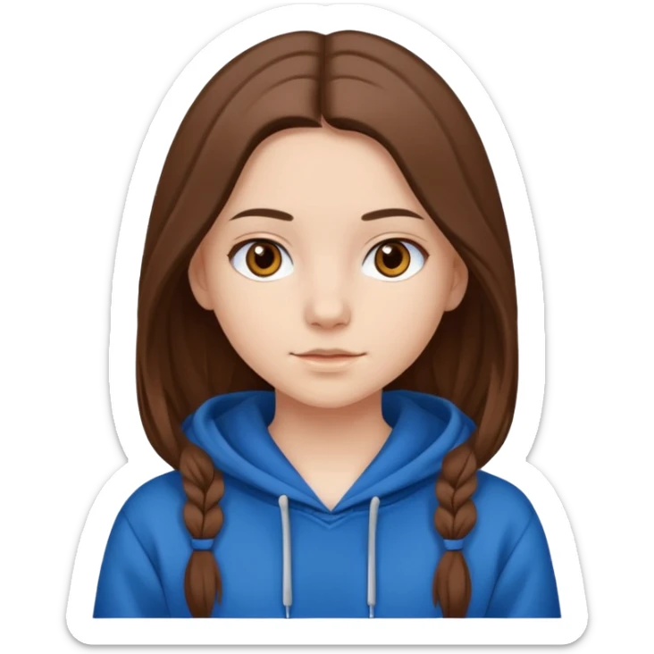 teen girl, white skin, long brown hair middle parted, brown eyes, blue hoodie sticker