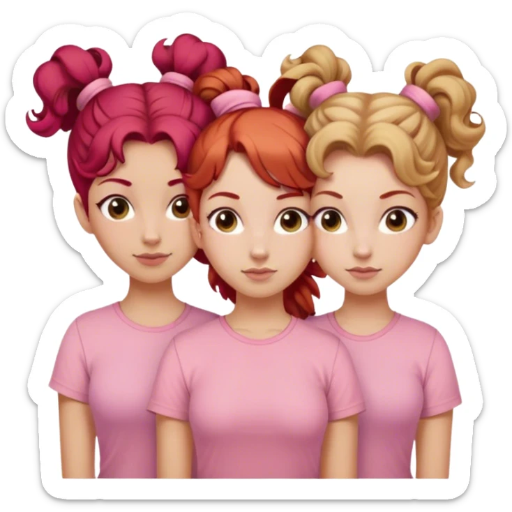 Three sisters one of them have red hair with buns. One of them have dirty blonde hair with ponytail. One of them have white curls with light brown hair hair and they are all wearing pink shirts sticker