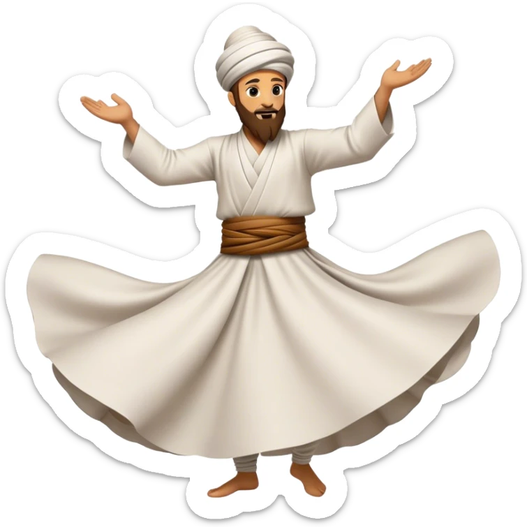 Cinematic Realistic Whirling Dervish Pop Culture Emoji, showcasing a mystical portrayal of traditional Sufi dance rendered with fluid textures and dynamic, spiritual lighting. sticker