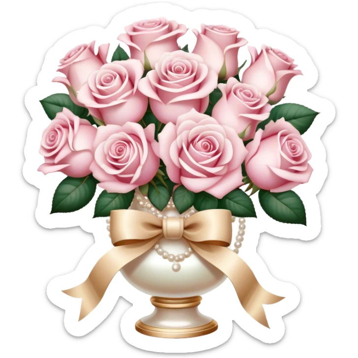 Realistic aesthetic powder pink and white  rose bouquet  in a pearl vintage vase and a beige bow with gold decoration  sticker
