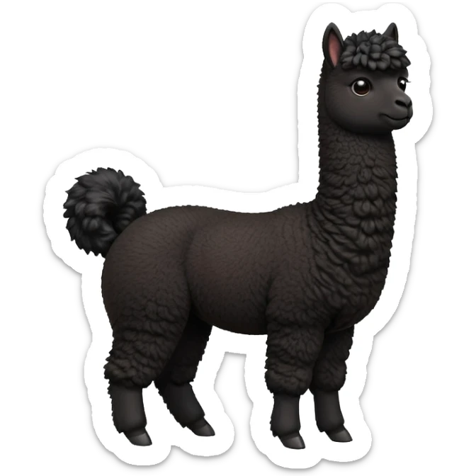 cinematic-[black alpaca]-realistic-full-body-standing-emoji,-tail-flicking-lazily,-head-tilted-dramatically,-curly-[black]-fur,-simplified-yet-realistic-focused-features,-highly-detailed,-glowing-with-an-almost-sarcastic-glow sticker
