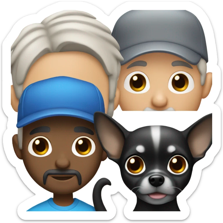 Man with blue eyes grey hair and grey goatee wearing ball cap holding long hair black chihuahua sticker