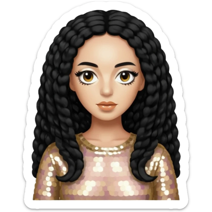 Solange from Destiny's Child with long black hair, cream sequin outfit  sticker