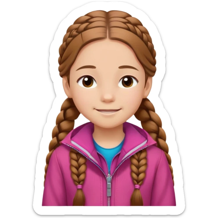 11 year oldGirl with White skin, hazel eyes. Long caramel brown hair with two braids and wearing a dark pink jacket. smiling with eyes closed sticker